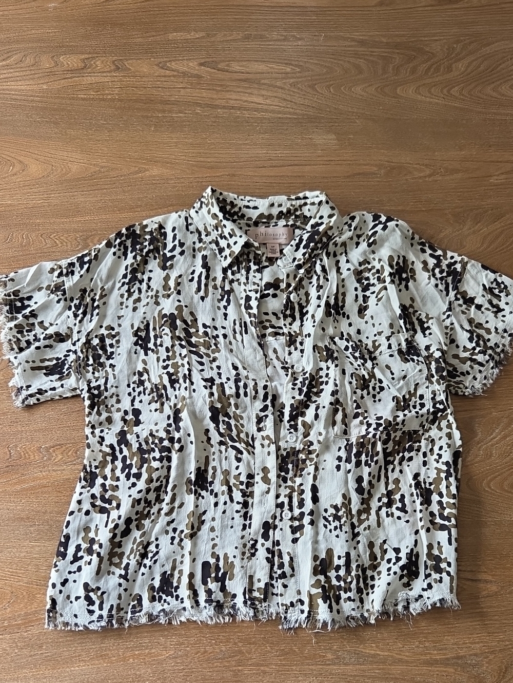 philosophy Animal Print Rayon Button Down White & Brown Small